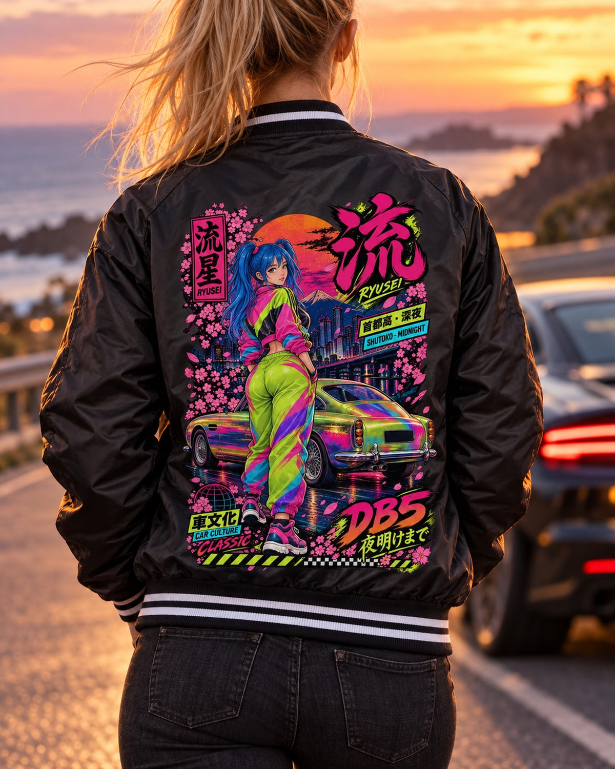 RYUSEI DB5 Anime Girl Full-Back Graphic Tee Bomber Jacket Black worn hero