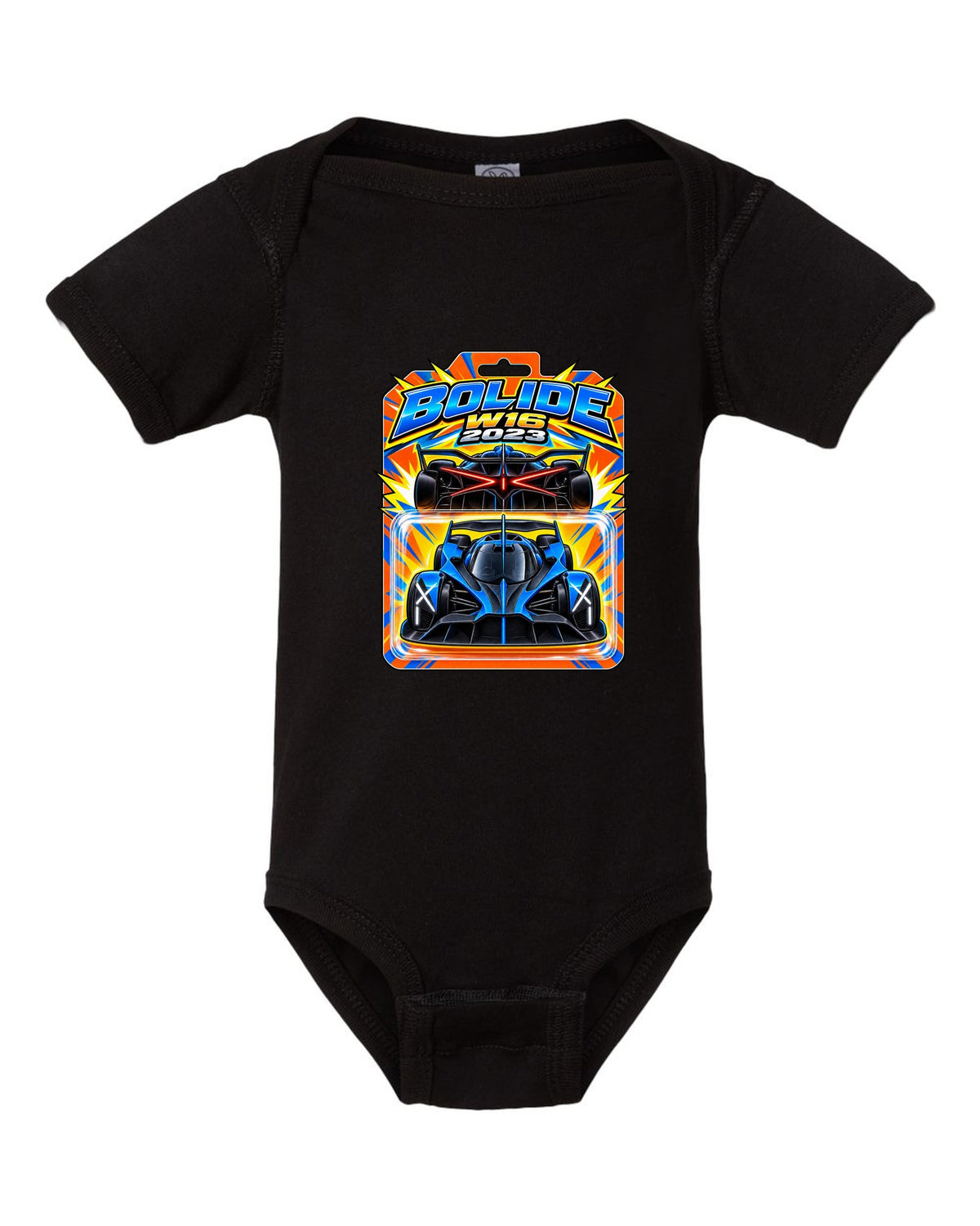Hot Wheels-style toy blister card illustration of the Bugatti Bolide with BOLIDE W16 2023 lettering black baby onesie front view with the design