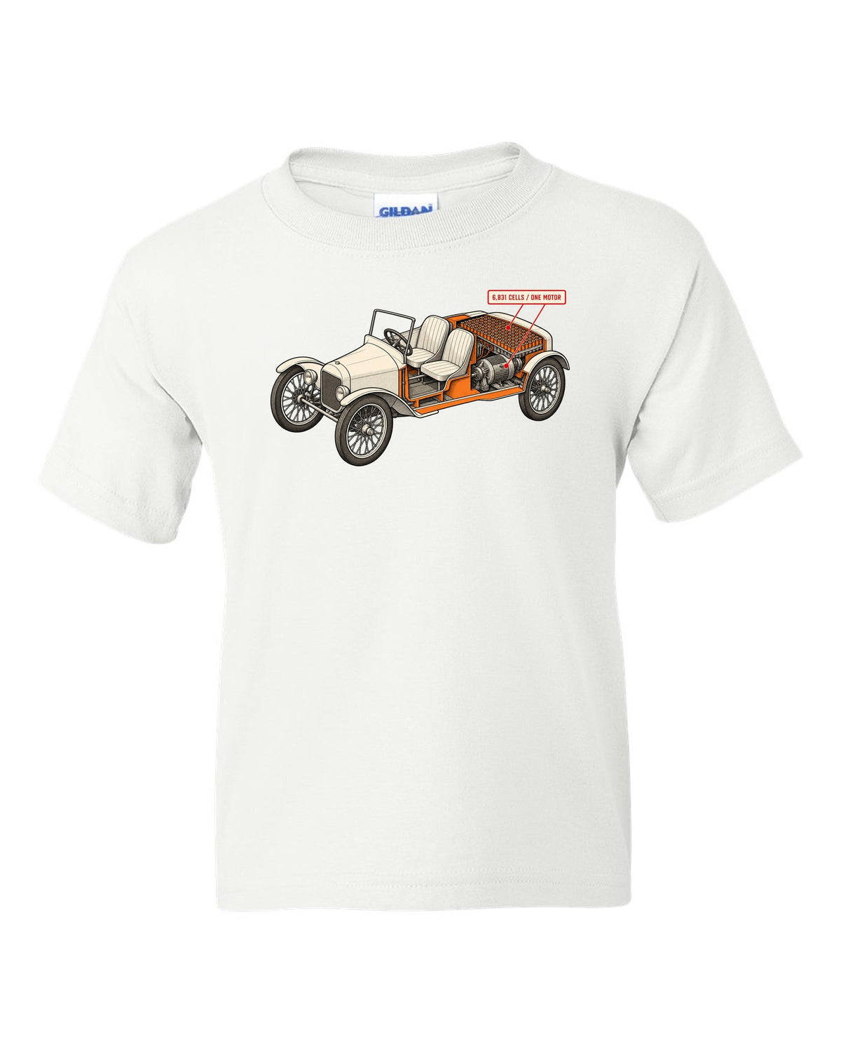 Isometric cutaway diagram print of a Tesla Roadster Gen 1 reading 6,831 Cells One Motor white kids tee front view with the design
