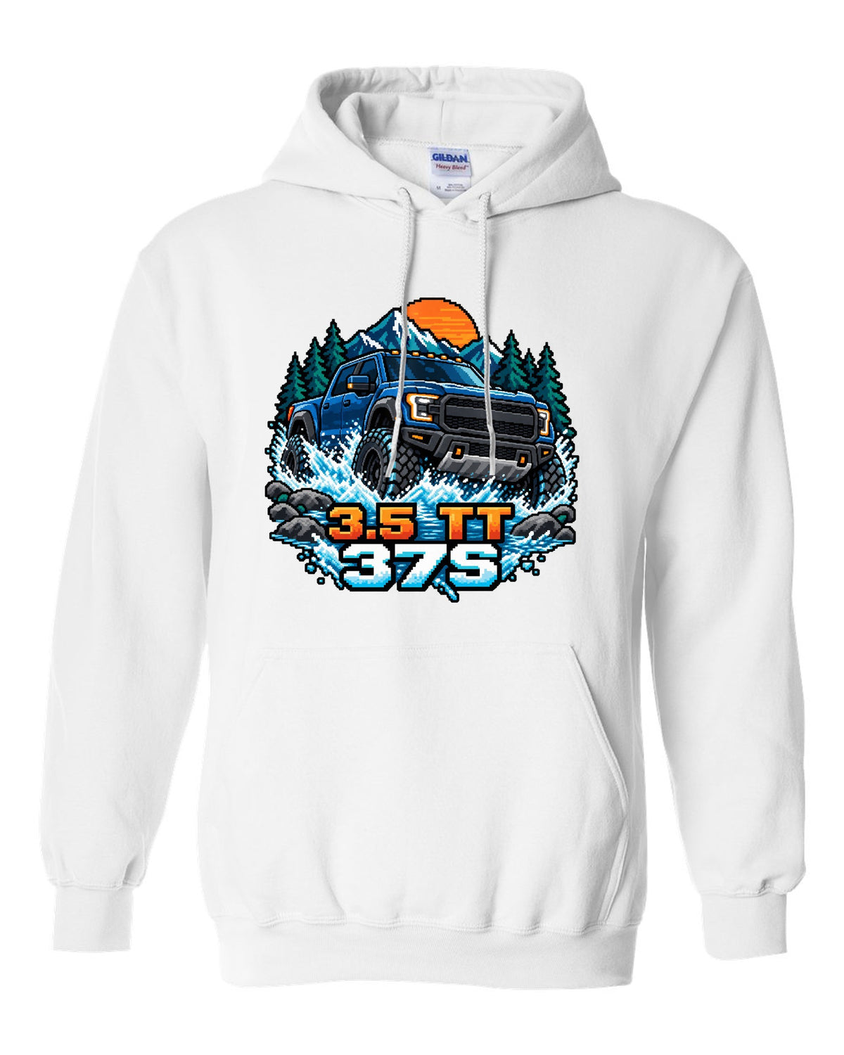 8/16-bit pixel art print of a Ford F-150 Raptor Gen 3 P702 crossing a river white pull over hoodie front view with the design