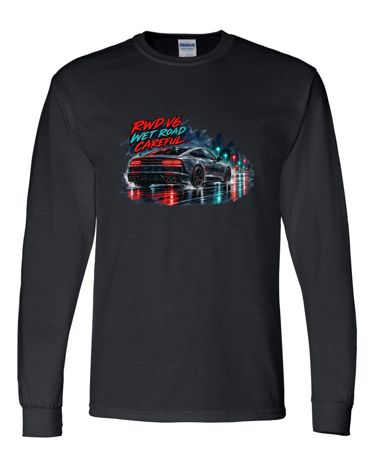 Watercolour wet-road night print of a Kia Stinger GT CK with RWD V6 wet road careful text black long sleeve front view with the design