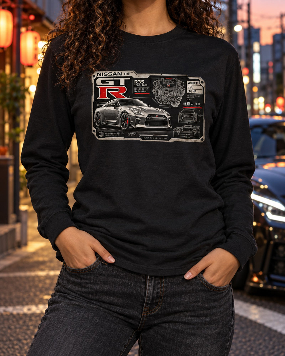 Nissan GT-R R35 VR38DETT Spec Plate print Shirt Long Sleeve Black worn hero