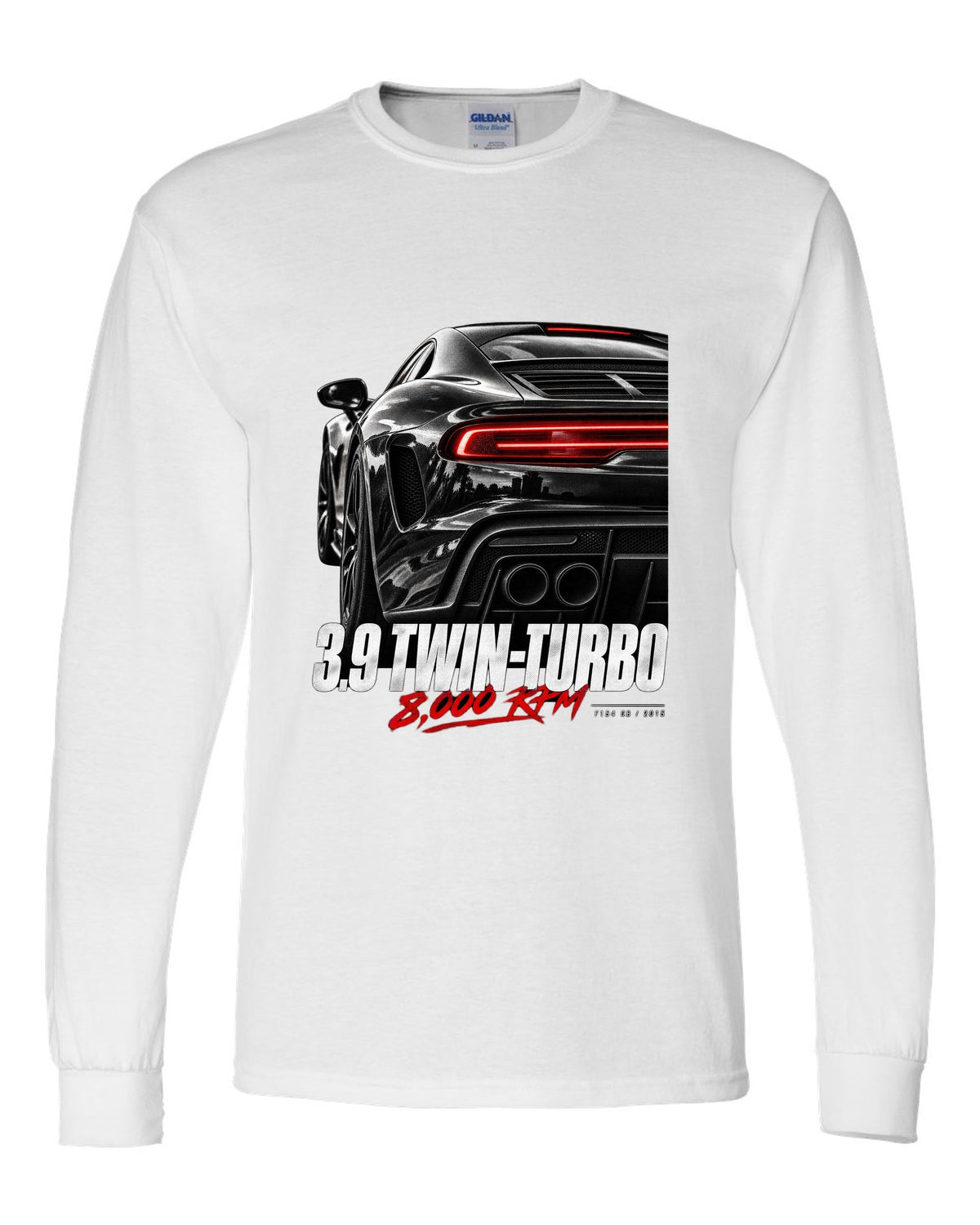Macro print of a Ferrari 488 GTB rear with 3.9 twin-turbo and 8,000 rpm text white long sleeve front view with the design