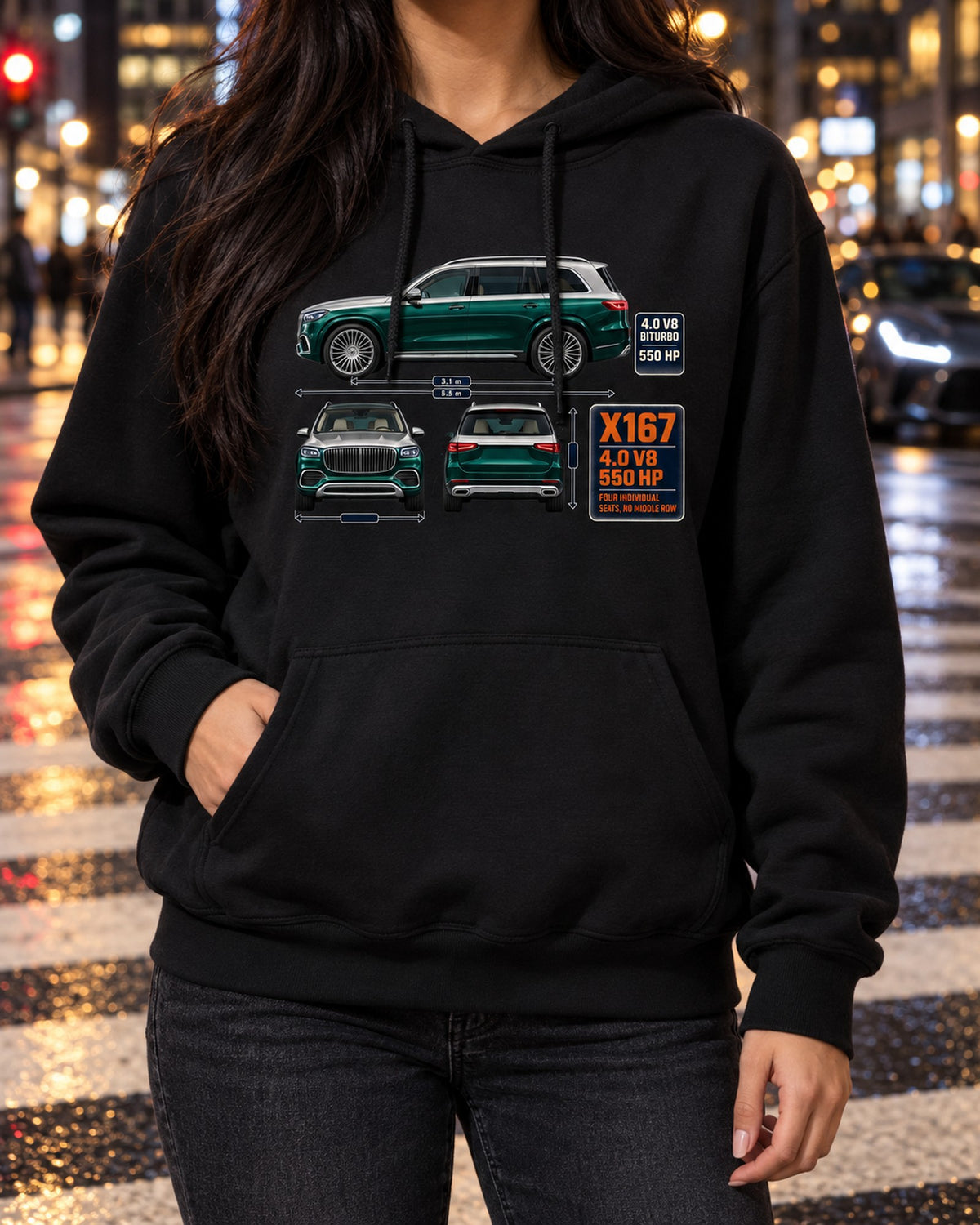 Mercedes-Maybach GLS 600 X167 Three-View Spec Shirt Pull Over Hoodie Black worn hero