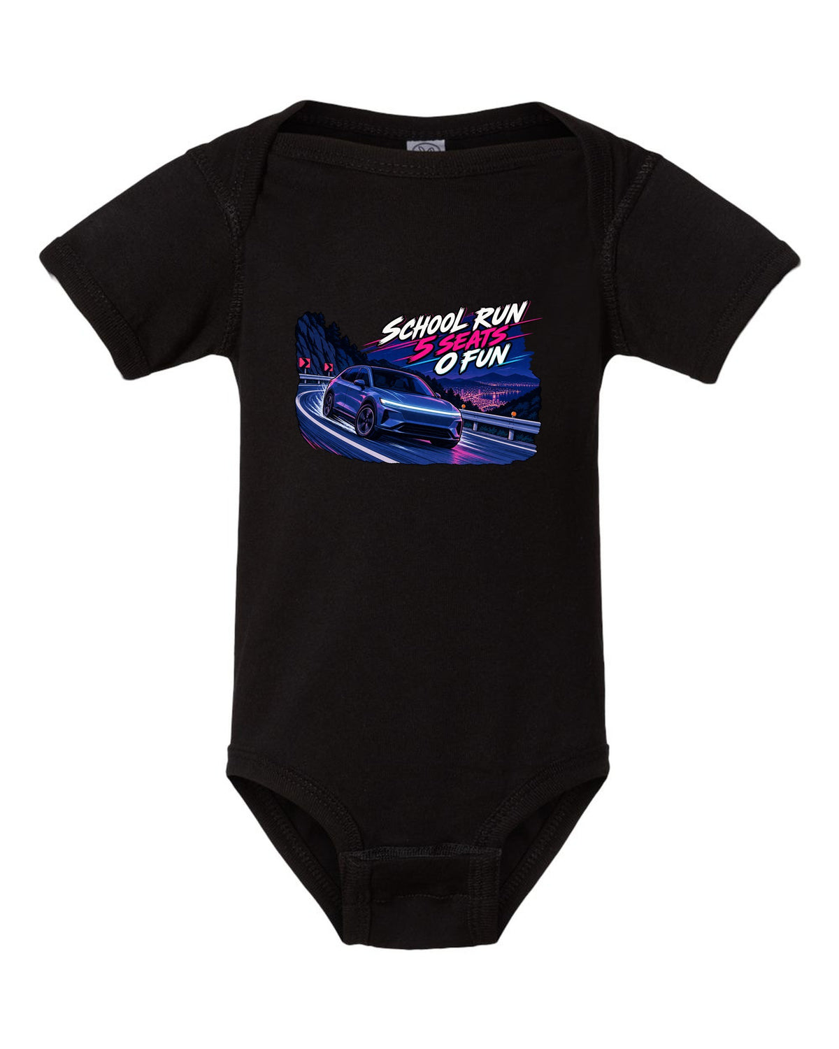 Cel-shaded 90s anime night touge print of a Tesla Model Y Juniper reading School Run 5 Seats 0 Fun black baby onesie front view with the design