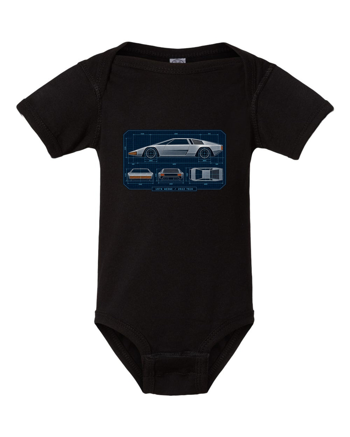 Technical orthographic blueprint print of the Hyundai N Vision 74 concept with 1974 wedge 2022 tech text black baby onesie front view with the design