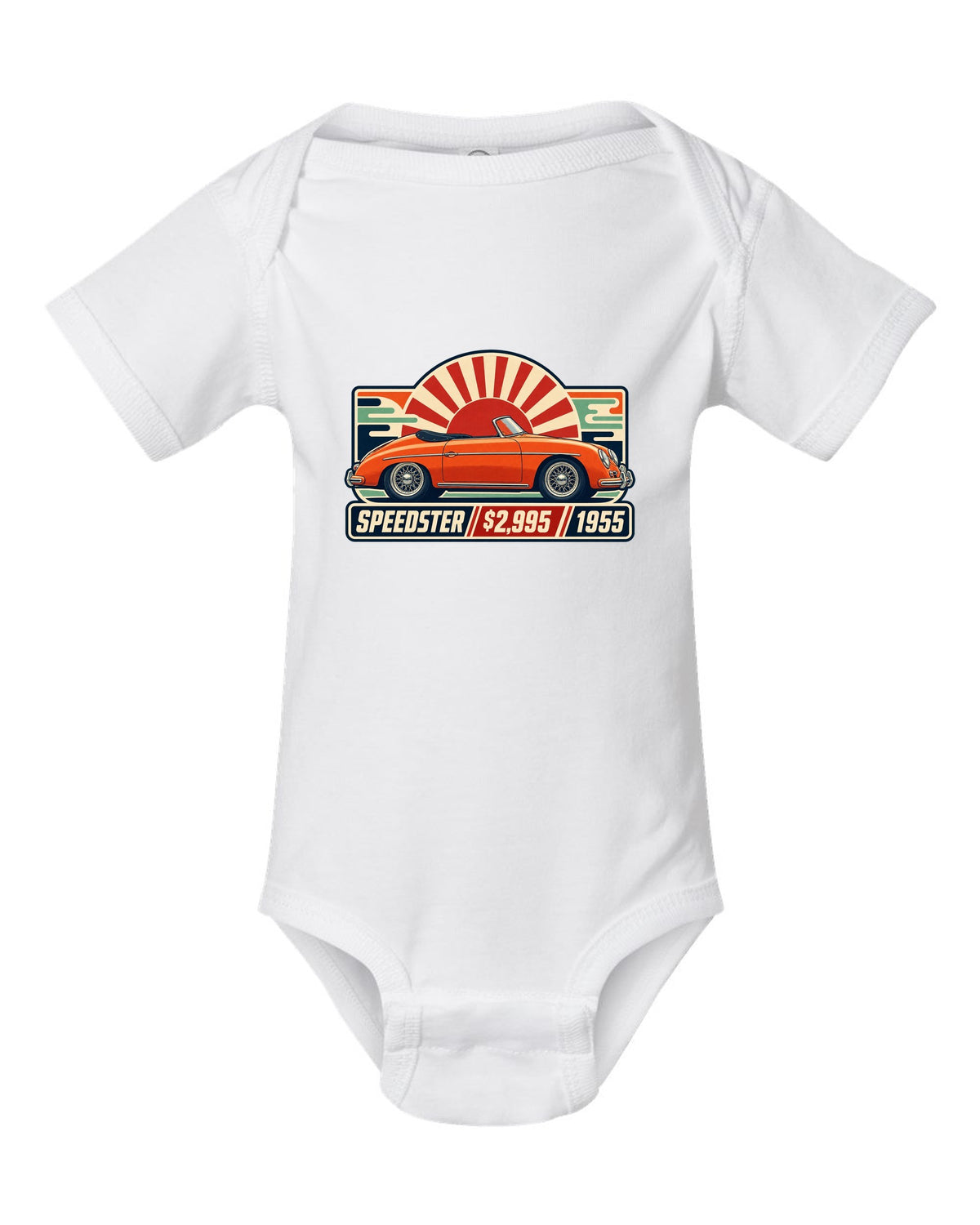 print of five Porsche 911 generations in a row, labelled 901, 930, 964, 993 and 996 white baby onesie front view with the design