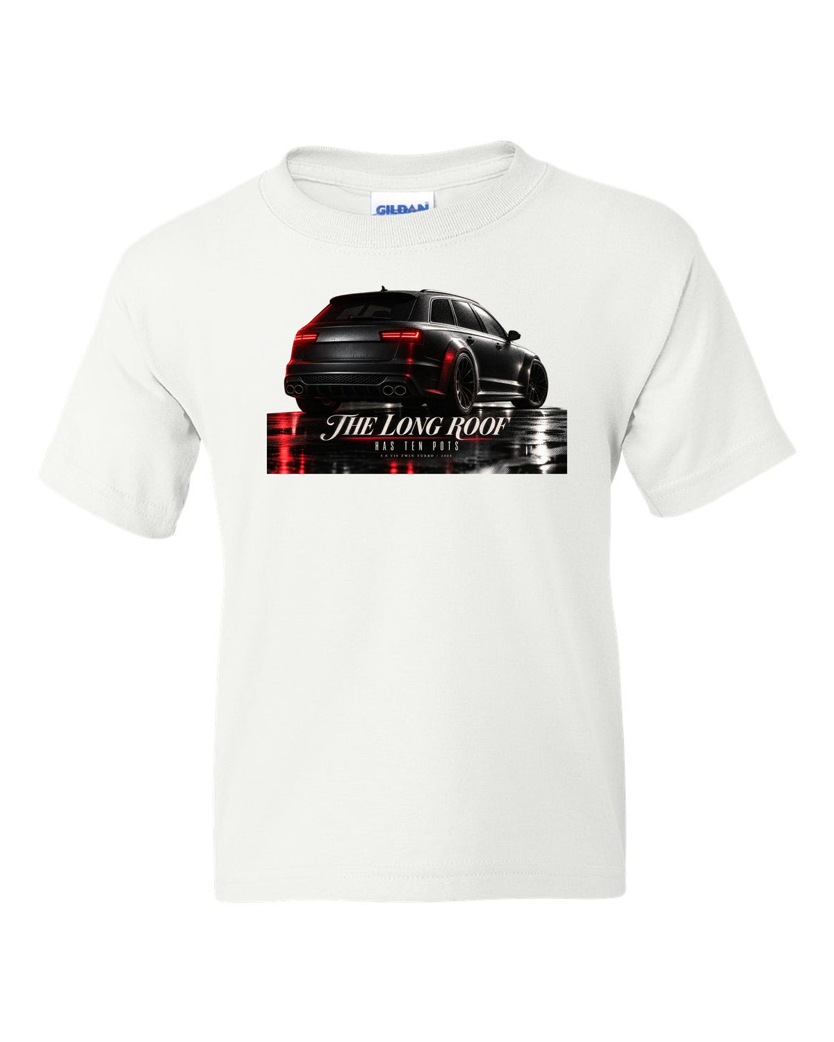 Audi RS6 Avant C6 4F V10 rear three-quarter in a garage with long roof text white kids tee front view with the design