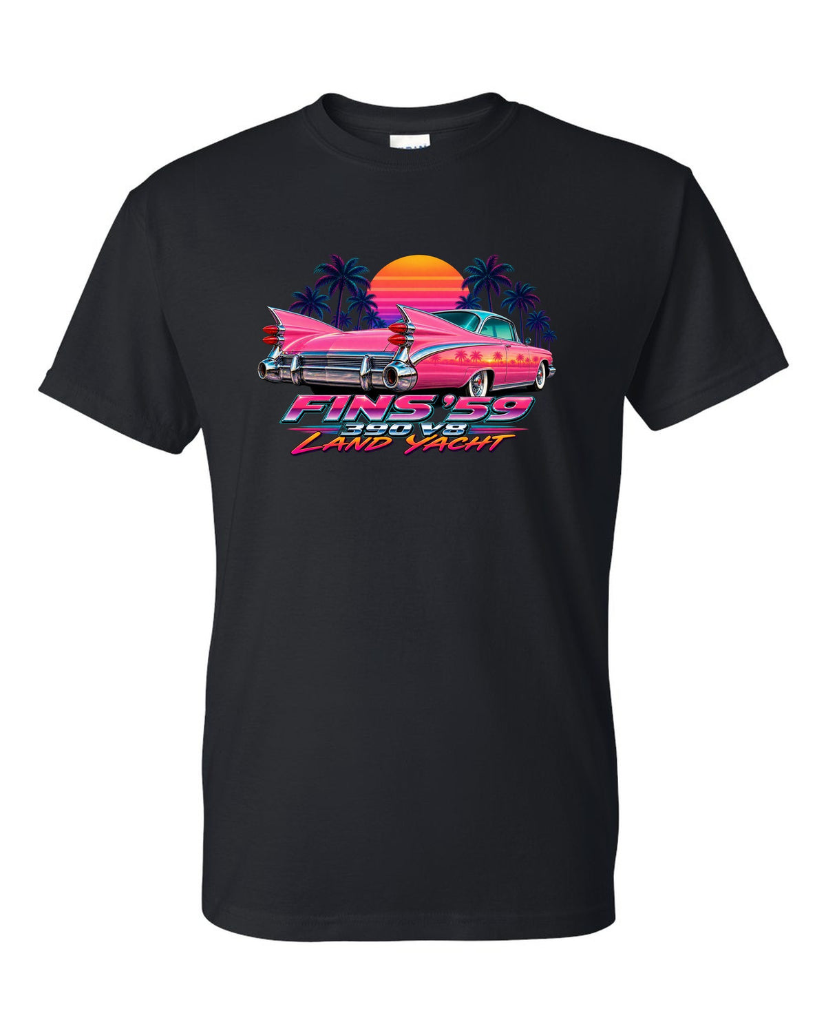 1959 Cadillac Series 62 Coupe de Ville rear fins against an airbrush retro sunset black t-shirt front view with the design