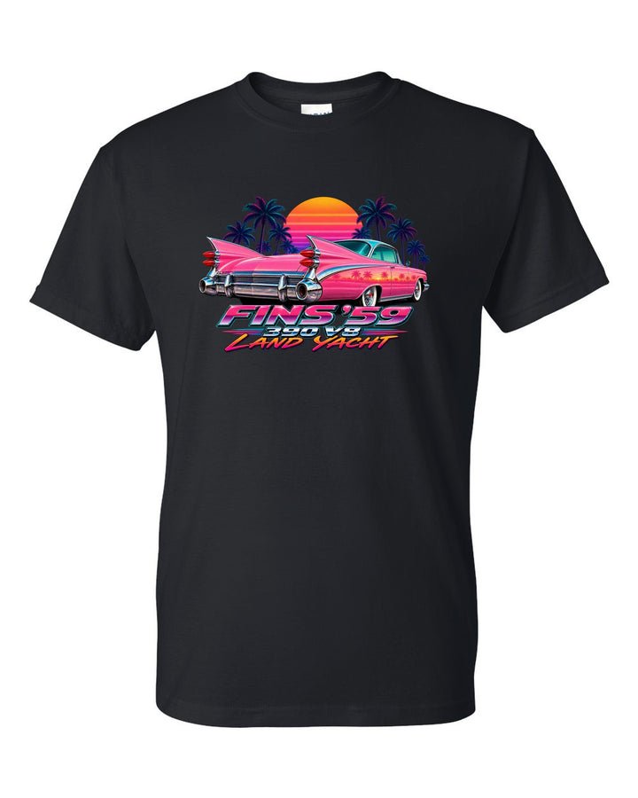 1959 Cadillac Series 62 Coupe de Ville rear fins against an airbrush retro sunset black t-shirt front view with the design