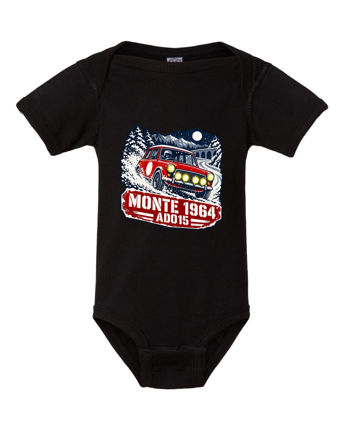 Stencil rally poster print of a Classic Mini Cooper S ADO15 on a night stage for Monte 1964 black baby onesie front view with the design
