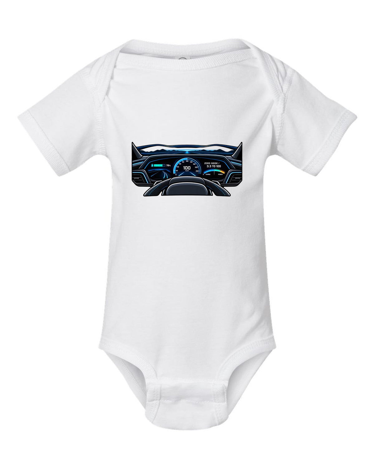 Flat gauge cluster print for the Audi e-tron GT with zero noise lettering white baby onesie front view with the design