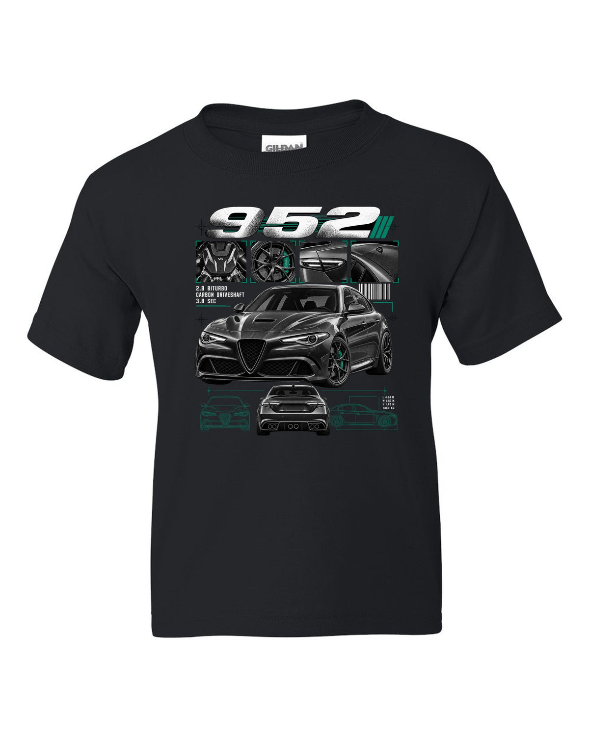 Dossier panel print of an Alfa Romeo Giulia Quadrifoglio 952 with 2.9 biturbo and carbon driveshaft text black kids tee front view with the design