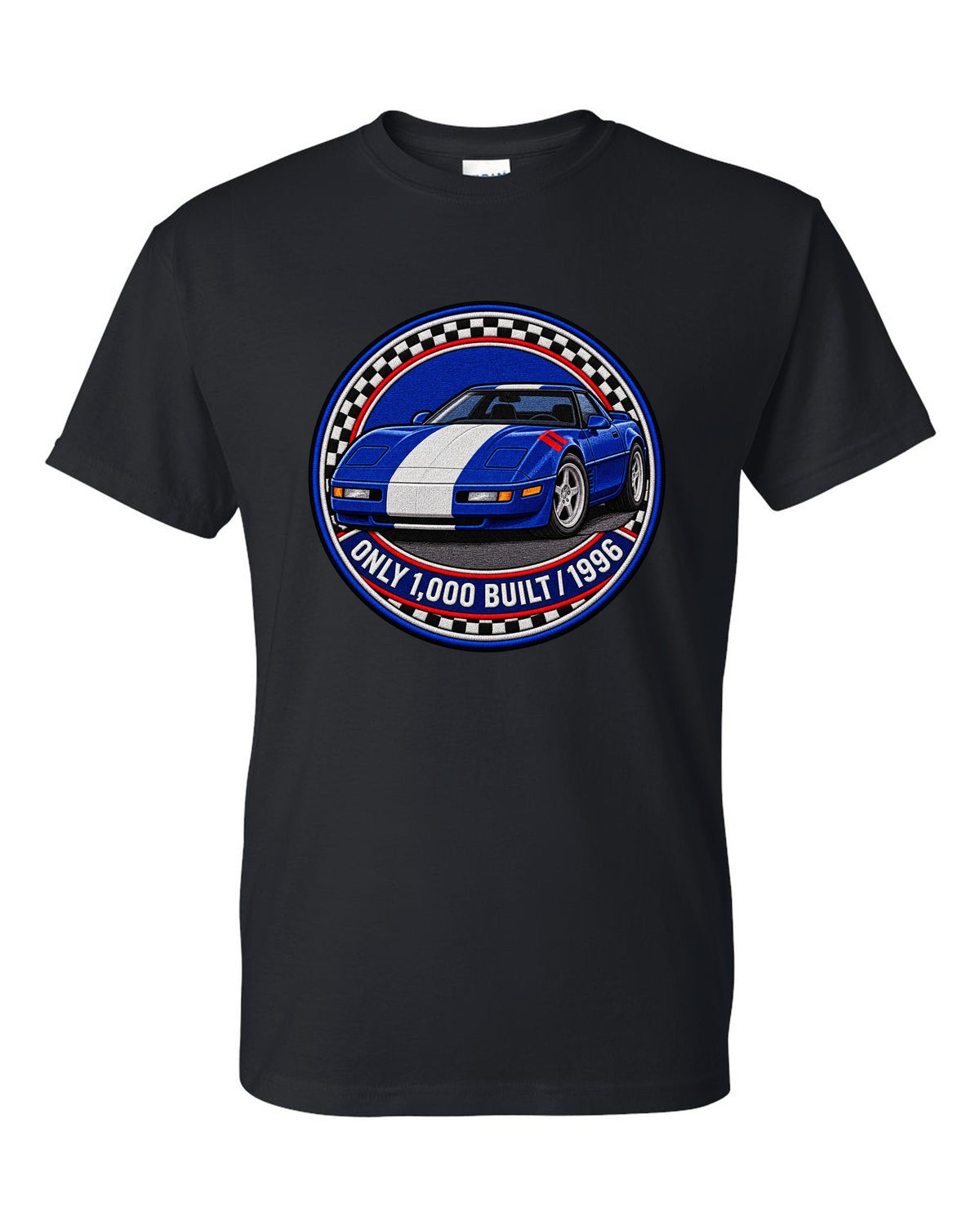 Embroidery style varsity crest print of a 1996 Chevrolet Corvette C4 Grand Sport with Only 1,000 Built text black t-shirt front view with the design