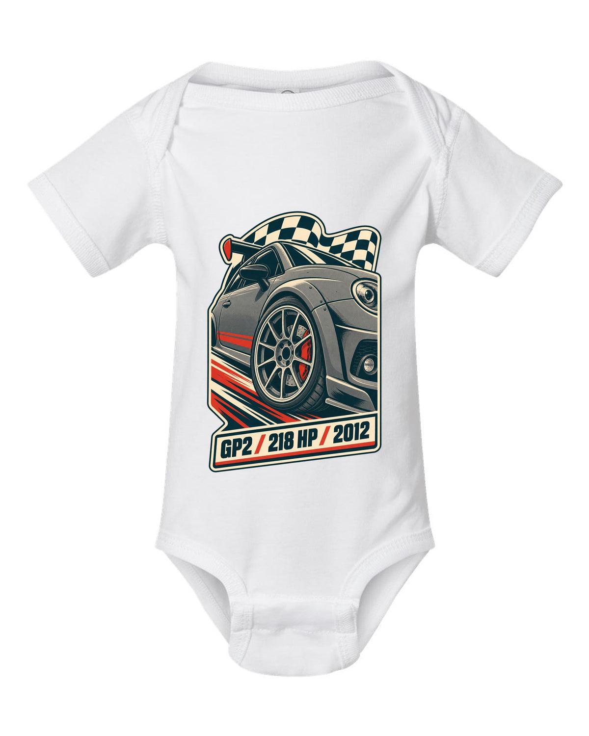 Vintage race poster of the Mini Cooper GP2 R56 with 218 HP and 2012 text white baby onesie front view with the design