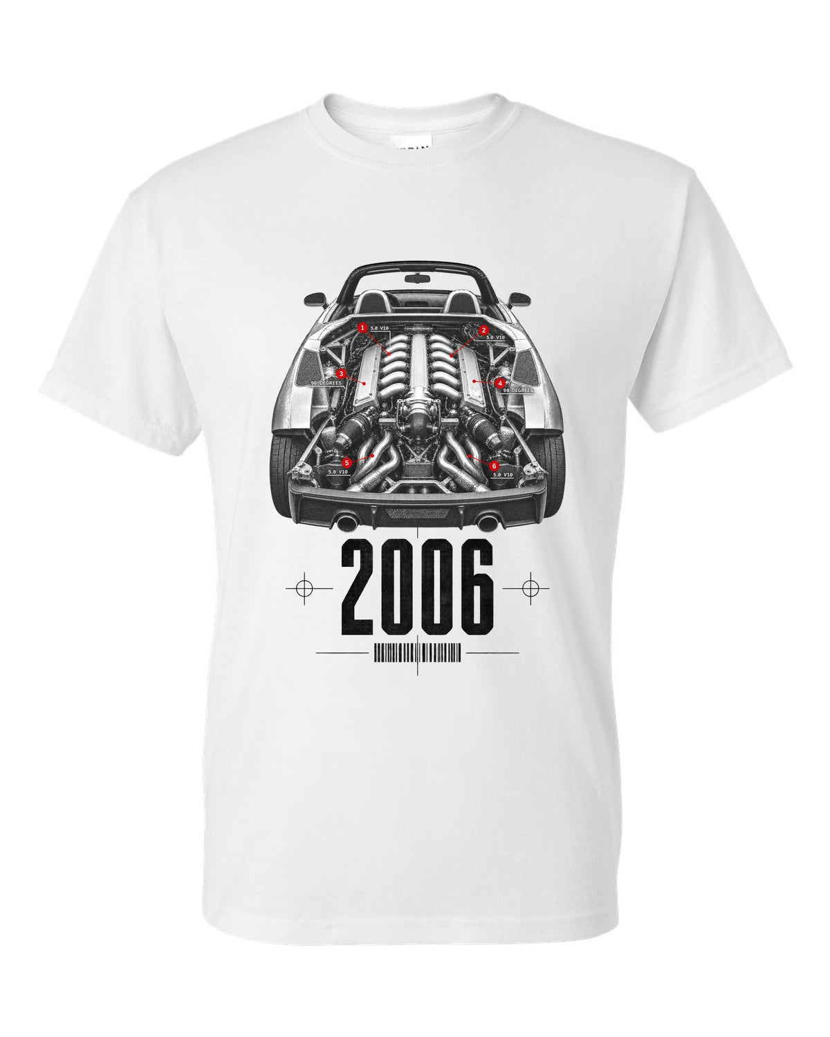 Engine hero print of a Lamborghini Gallardo Spyder with 5.0 V10 and 90 Degrees text white t-shirt front view with the design
