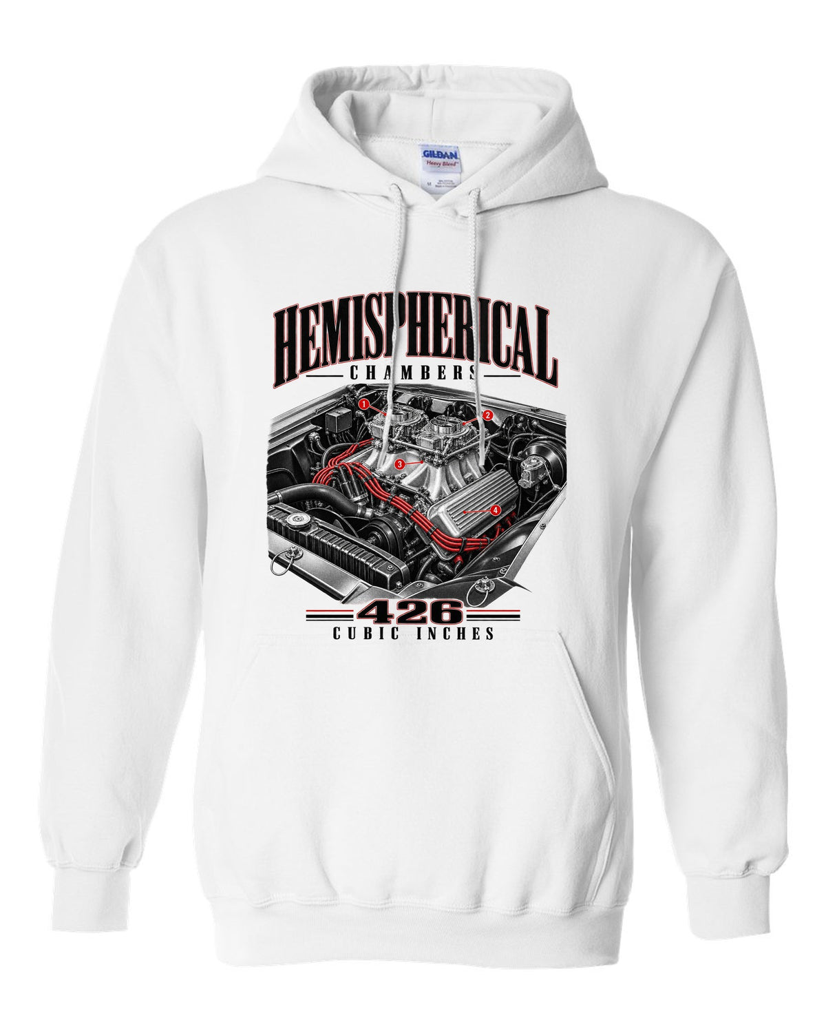 Engine hero print of a 1970 Plymouth Cuda E-body 426 Hemi white pull over hoodie front view with the design
