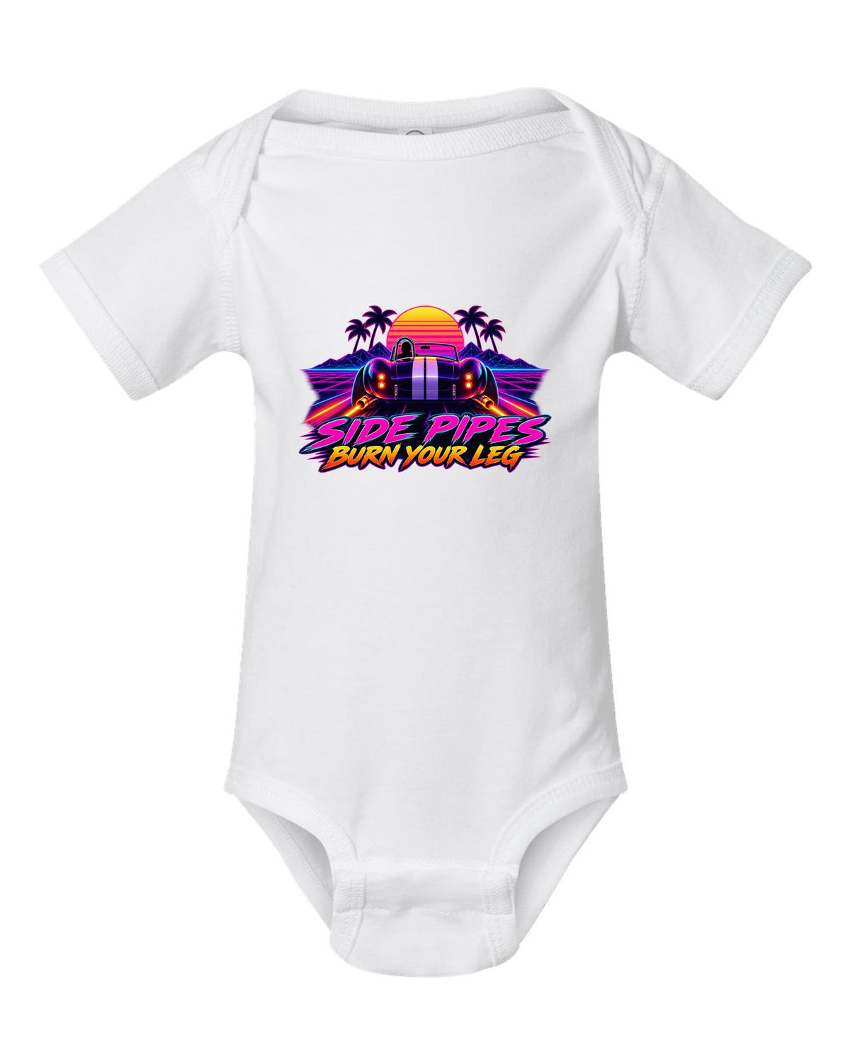Shelby Cobra 427 Side Pipes Synthwave Outrun white baby onesie front view with the design