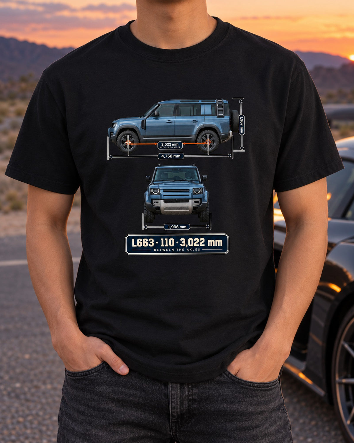 Land Rover Defender 110 L663 Dimension Blueprint Shirt, Car Guy Gift T-Shirt Black worn hero