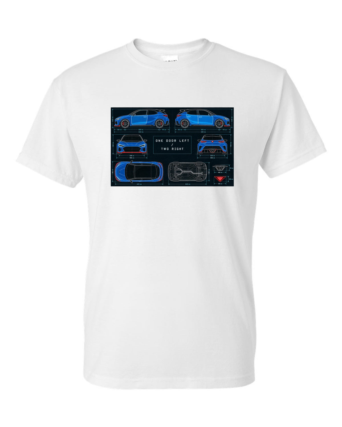 Hyundai Veloster N JS technical blueprint print with one door left and two right white t-shirt front view with the design