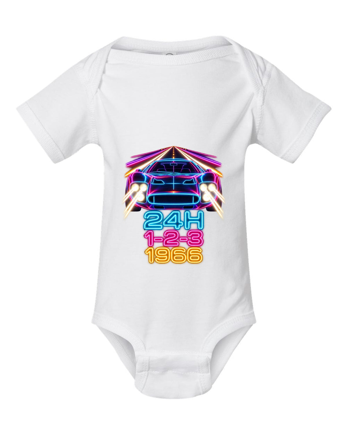 Neon long-exposure light trail print of a 1966 Ford GT40 Mk II with 24H 1-2-3 lettering white baby onesie front view with the design