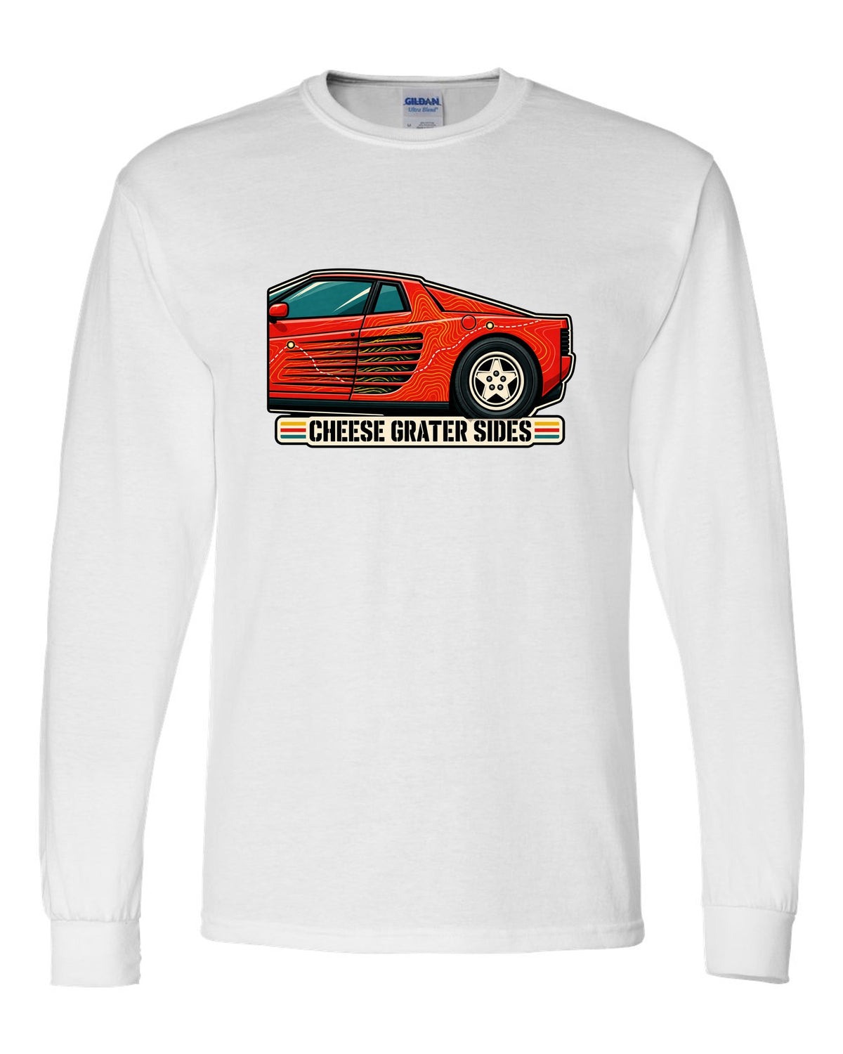 Topographic contour line print of the Ferrari Testarossa F110 with the text cheese grater sides white long sleeve front view with the design