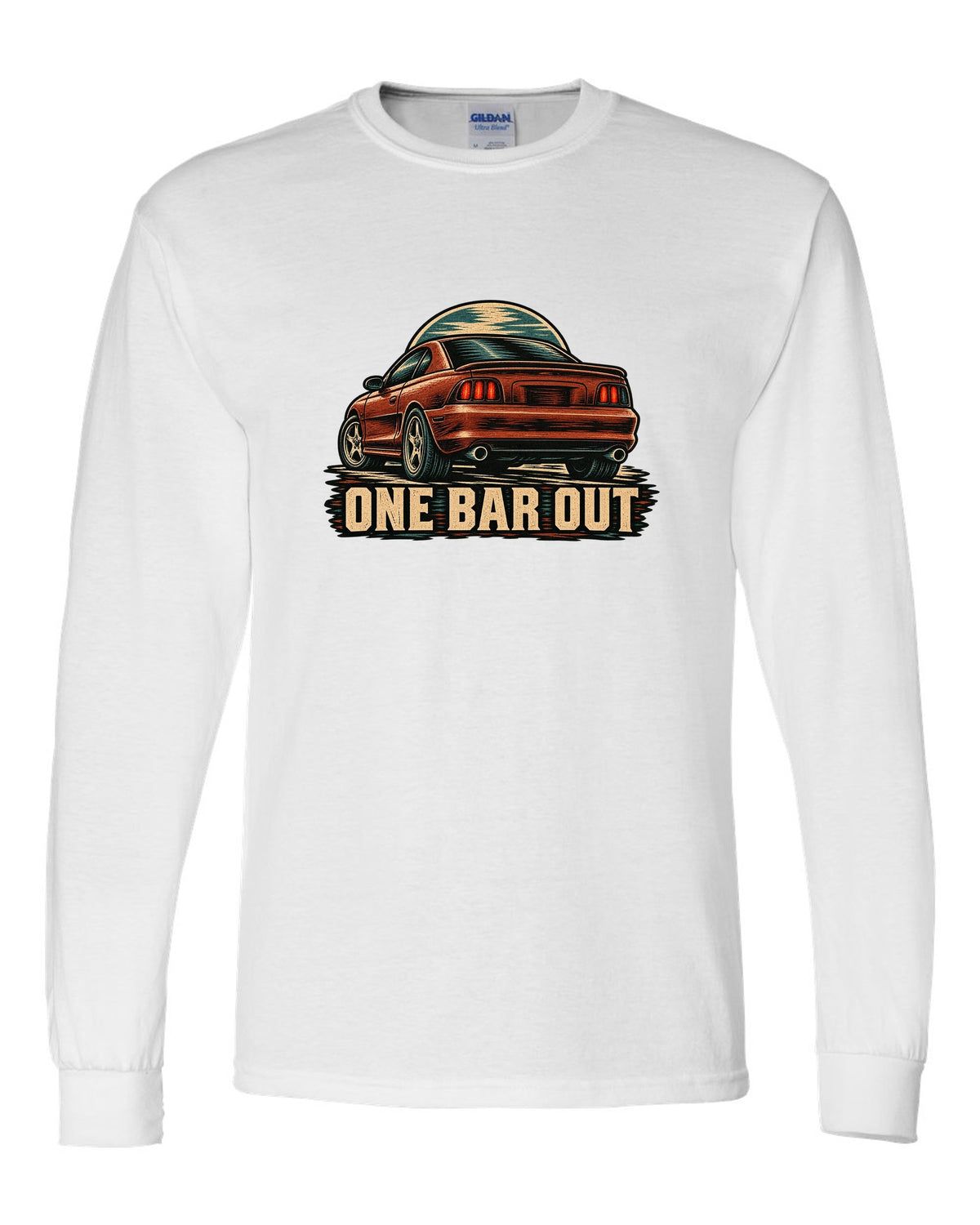 Linocut woodcut print of a 1994-98 SN95 Mustang coupe with One Bar Out text white long sleeve front view with the design