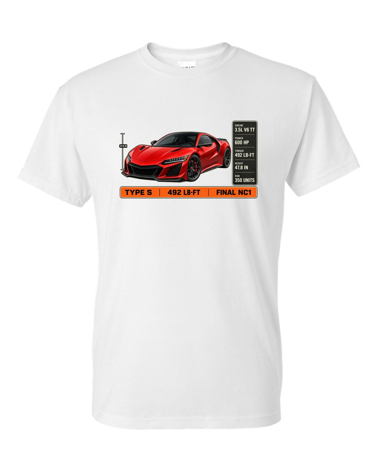 Spec poster print of a Curva Red Acura NSX NC1 Type S three-quarter white t-shirt front view with the design