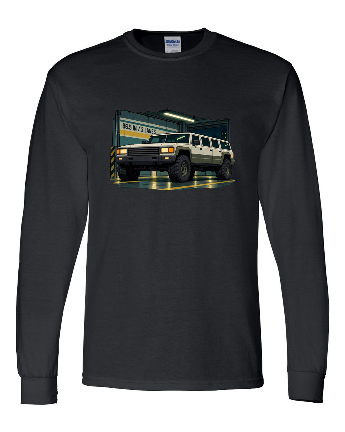 Cel-shaded 90s anime style Hummer H1 in a garage with 86.5 IN and 2 LANES text black long sleeve front view with the design
