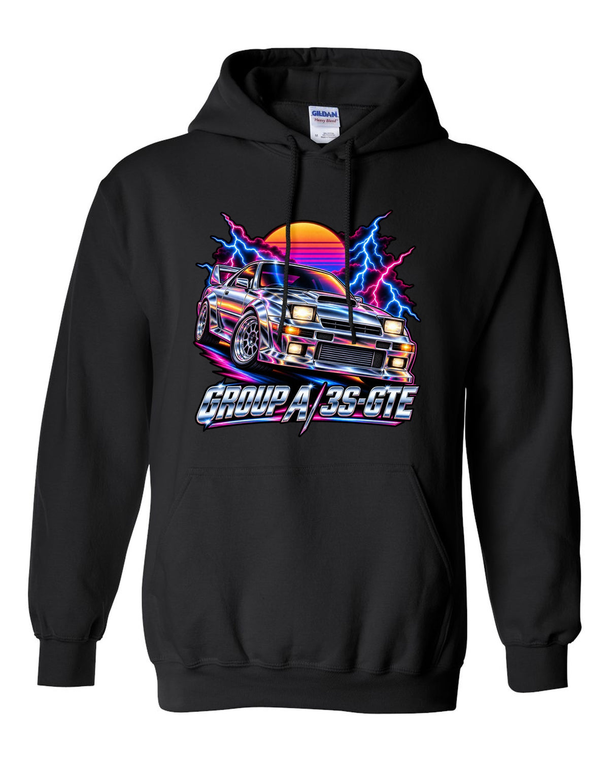 80s airbrush chrome illustration of a Toyota Celica GT-Four ST185 with Group A 3S-GTE lettering black pull over hoodie front view with the design