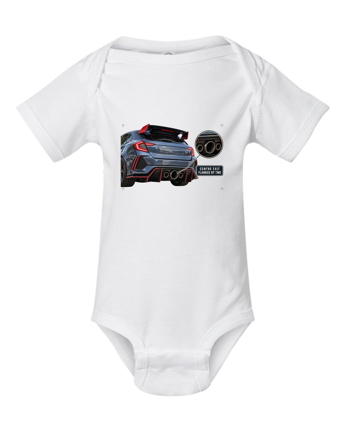 print rear close-up of a Honda Civic Type R FK8 with triple exhaust outlets white baby onesie front view with the design