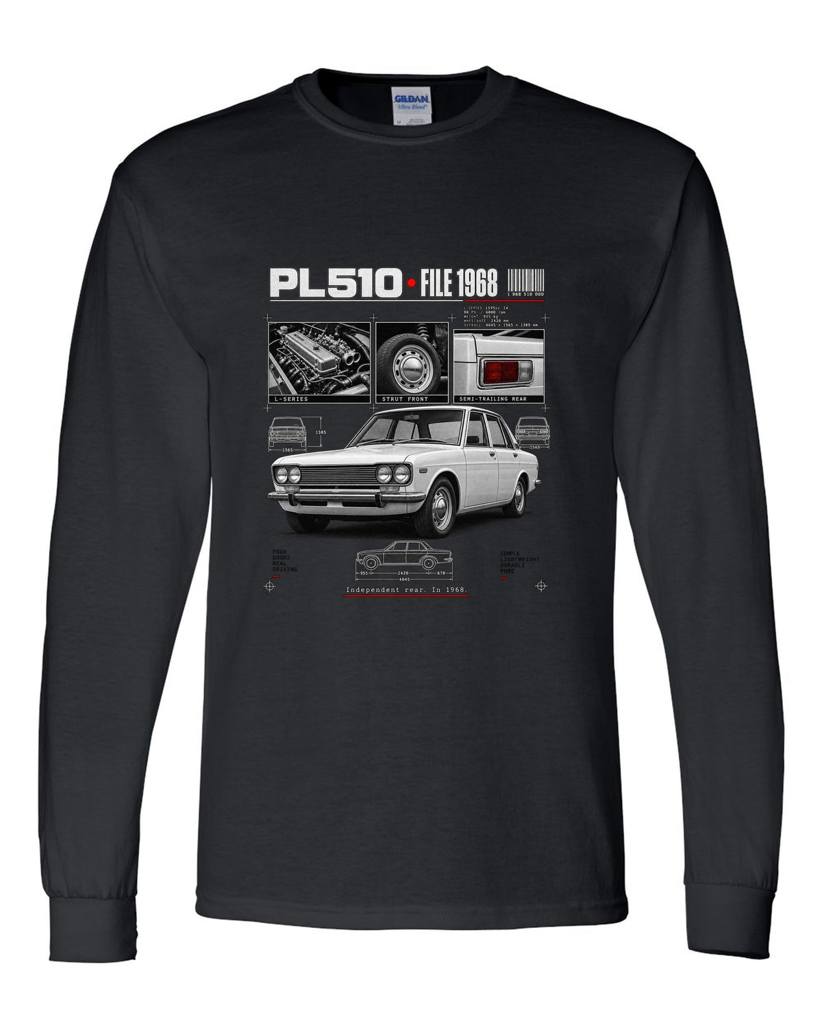 Dossier panel print of a Datsun PL510 sedan and wagon with suspension notes black long sleeve front view with the design