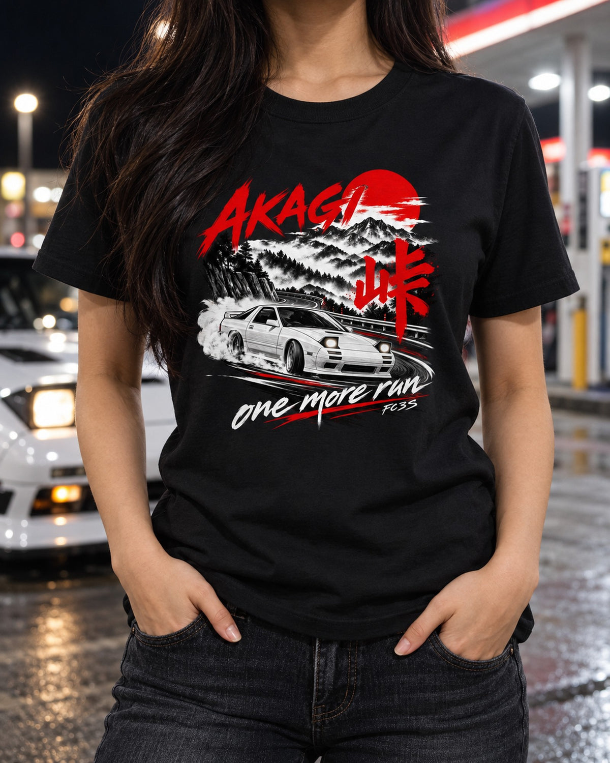 Mazda RX-7 FC3S Akagi Night print Shirt, One More Run T-Shirt Black worn hero