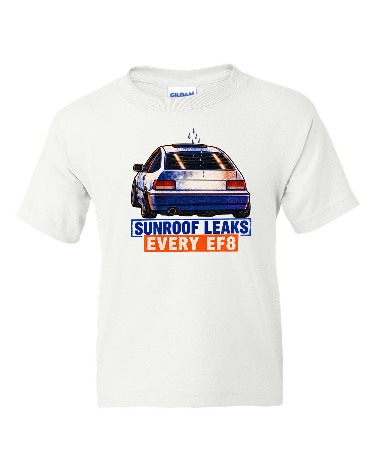 Risograph-style Honda CRX EF8 Si print with sunroof leak joke text white kids tee front view with the design