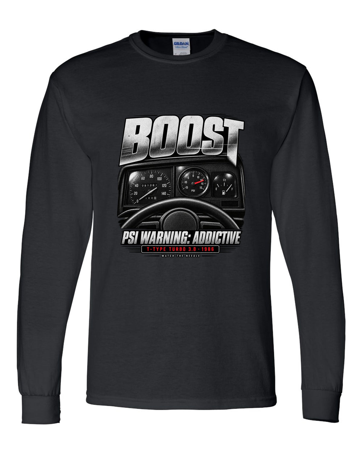 1986 Buick Grand National boost gauge cockpit print with T-Type turbo text black long sleeve front view with the design