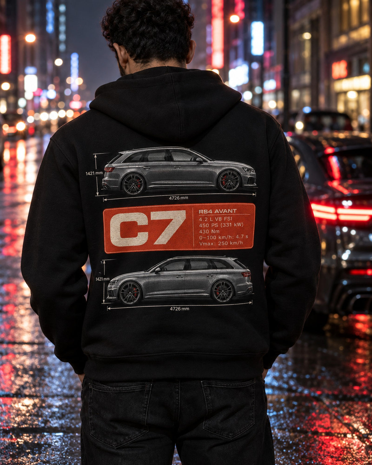 Audi RS4 Avant B9 Spec Poster Tee, 450 PS Daily Wagon Zip Hoodie Black worn hero