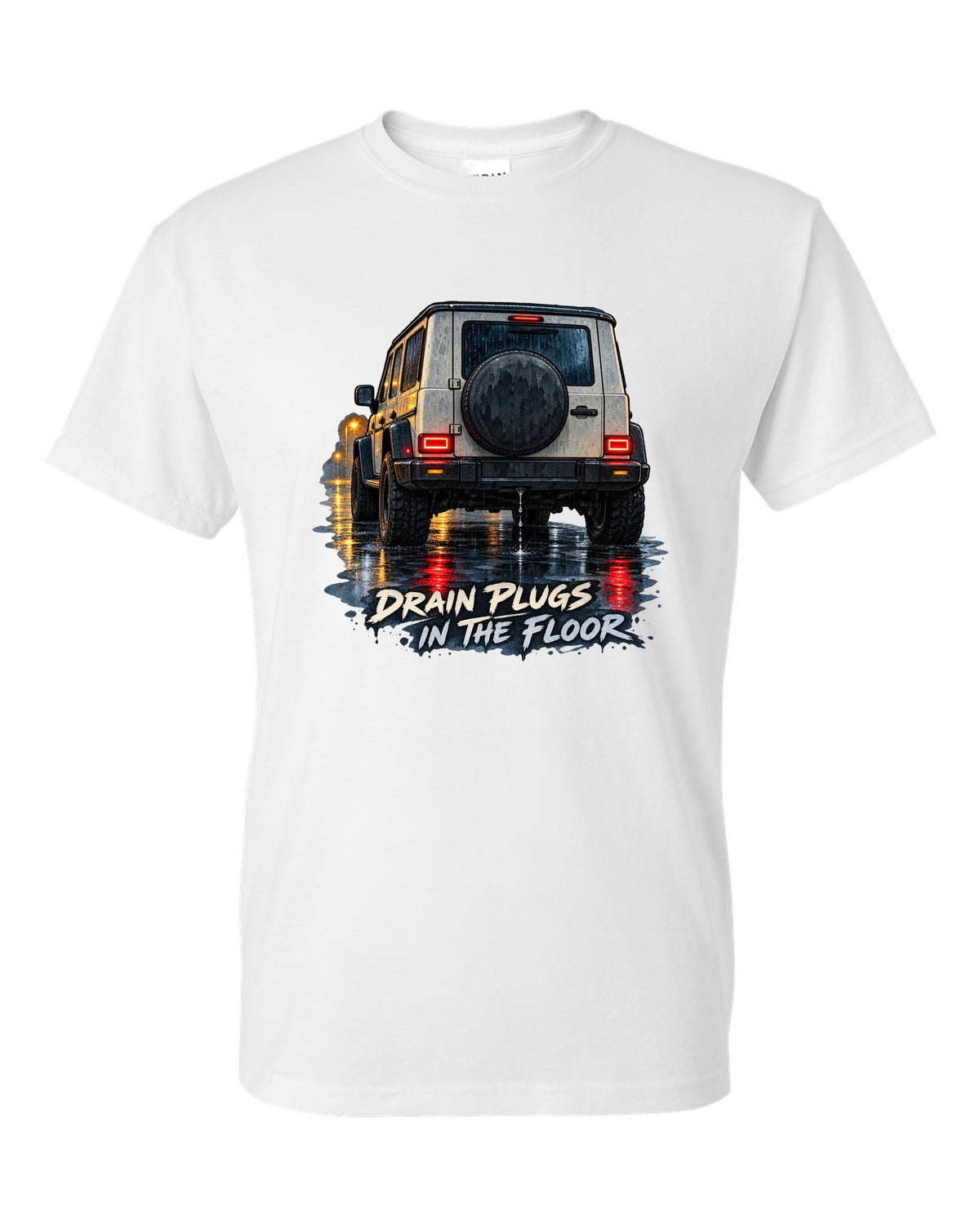 Jeep Wrangler JL taillight reflections on wet road in watercolour with drain plugs in the floor text white t-shirt front view with the design