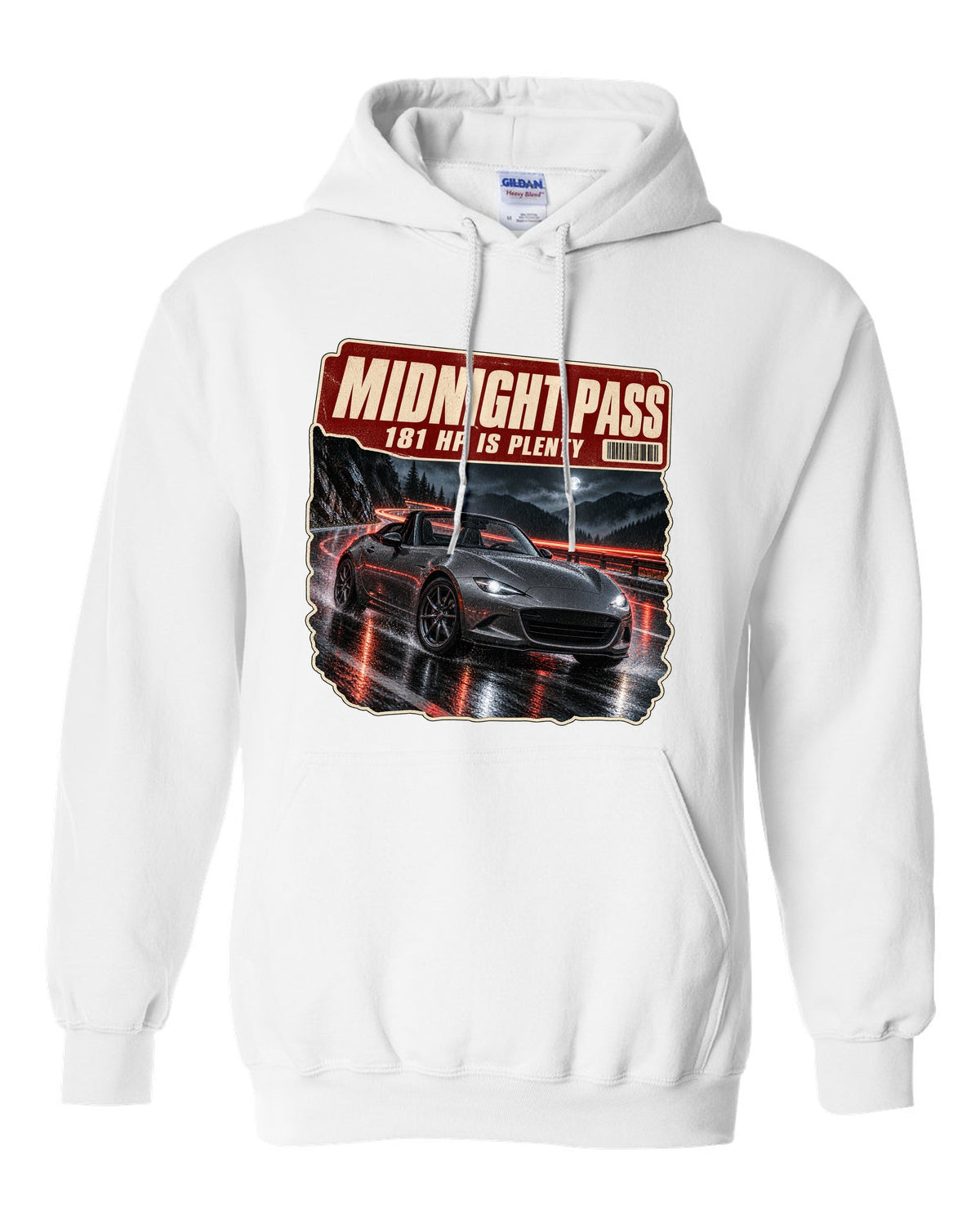 Night mountain pass scene with a 2020 Mazda MX-5 ND RF in Polymetal Grey, poster-style print white pull over hoodie front view with the design
