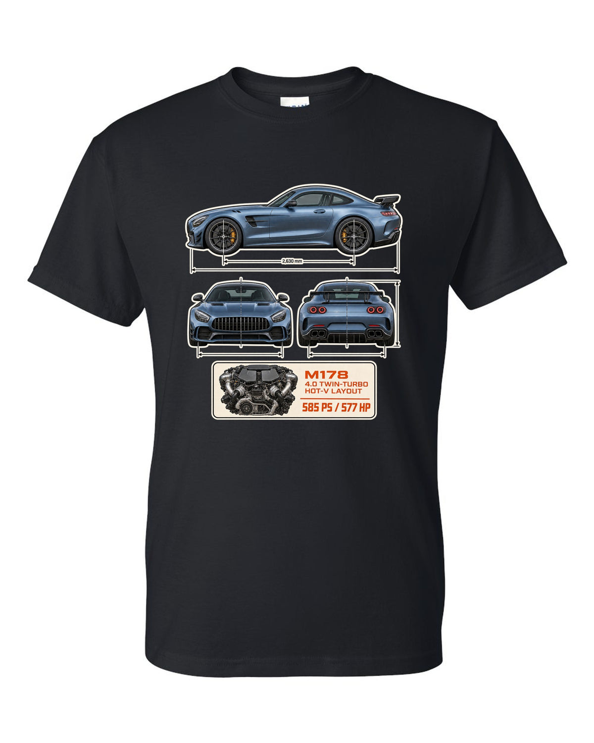 Mercedes-AMG GT R C190 dimension blueprint print black t-shirt front view with the design