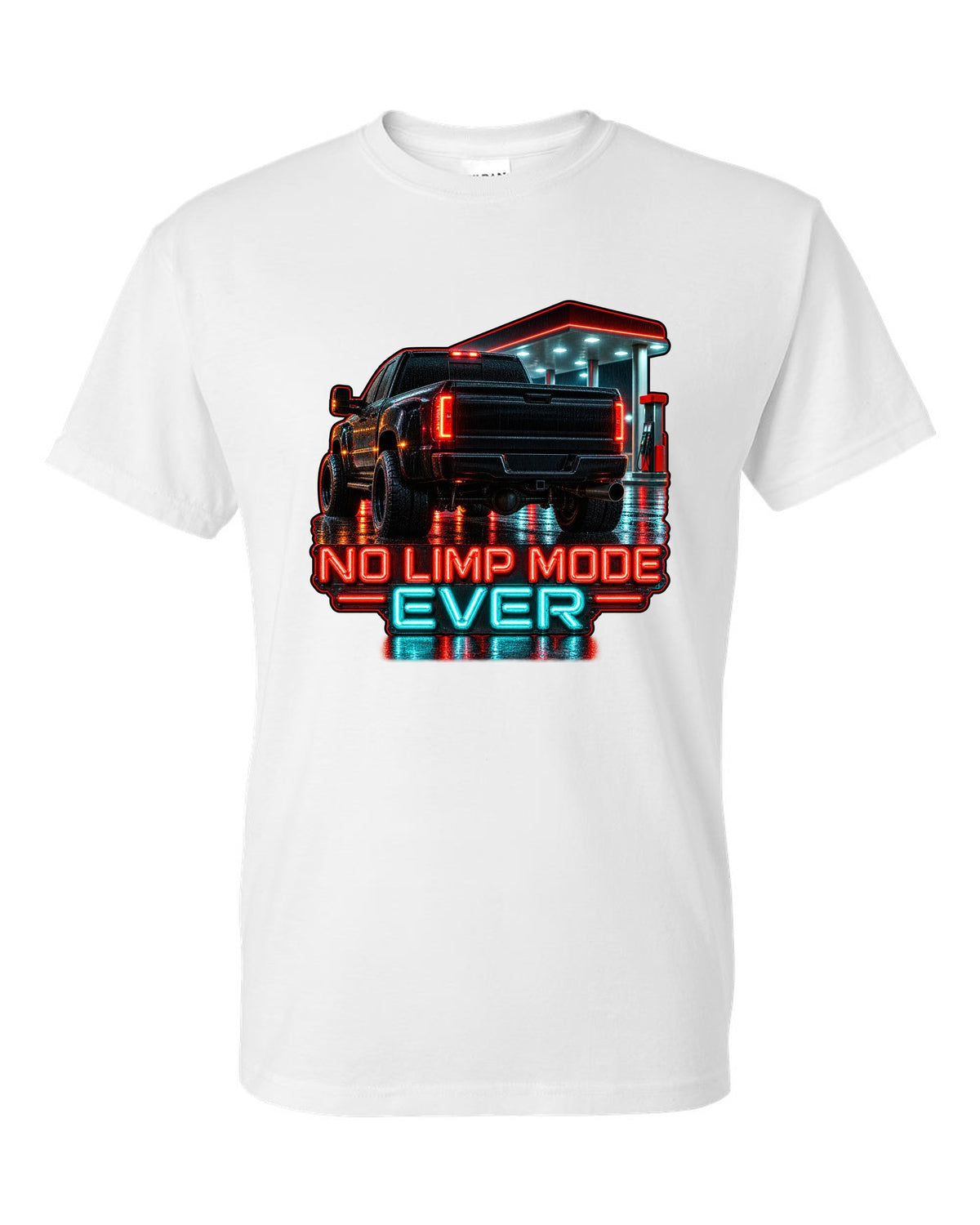 Photoreal night garage taillight print of a 1994-1998 Dodge Ram 2500 12V Cummins with No Limp Mode Ever text white t-shirt front view with the design