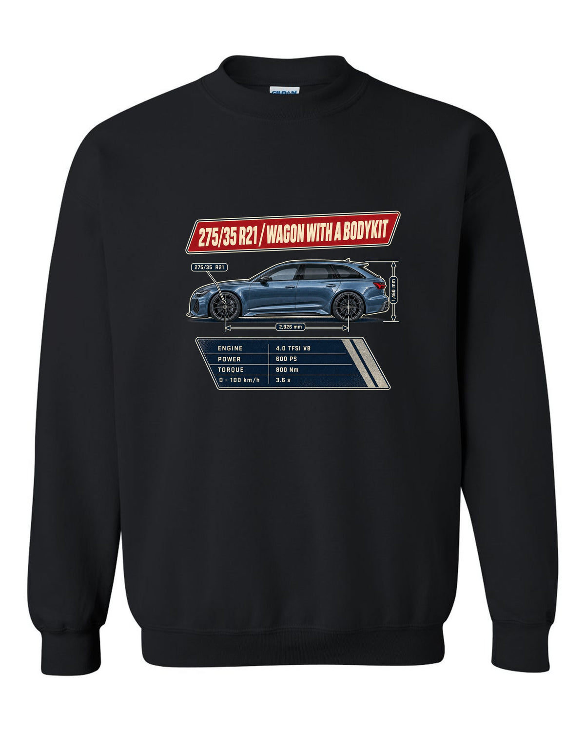 Spec poster for the Audi RS6 Avant C8 listing 275/35 R21 tyres black crewneck front view with the design