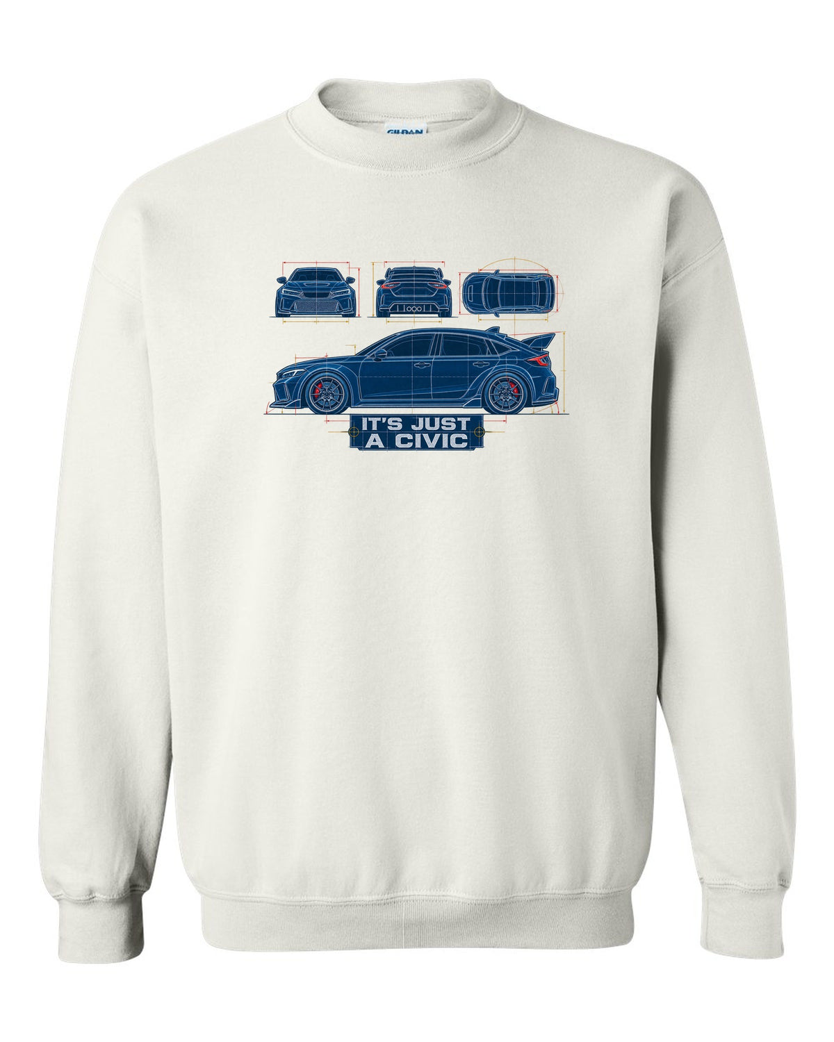 Cyanotype blueprint print of a 2023 Honda Civic FL5 ch with it's just a Civic text white crewneck front view with the design