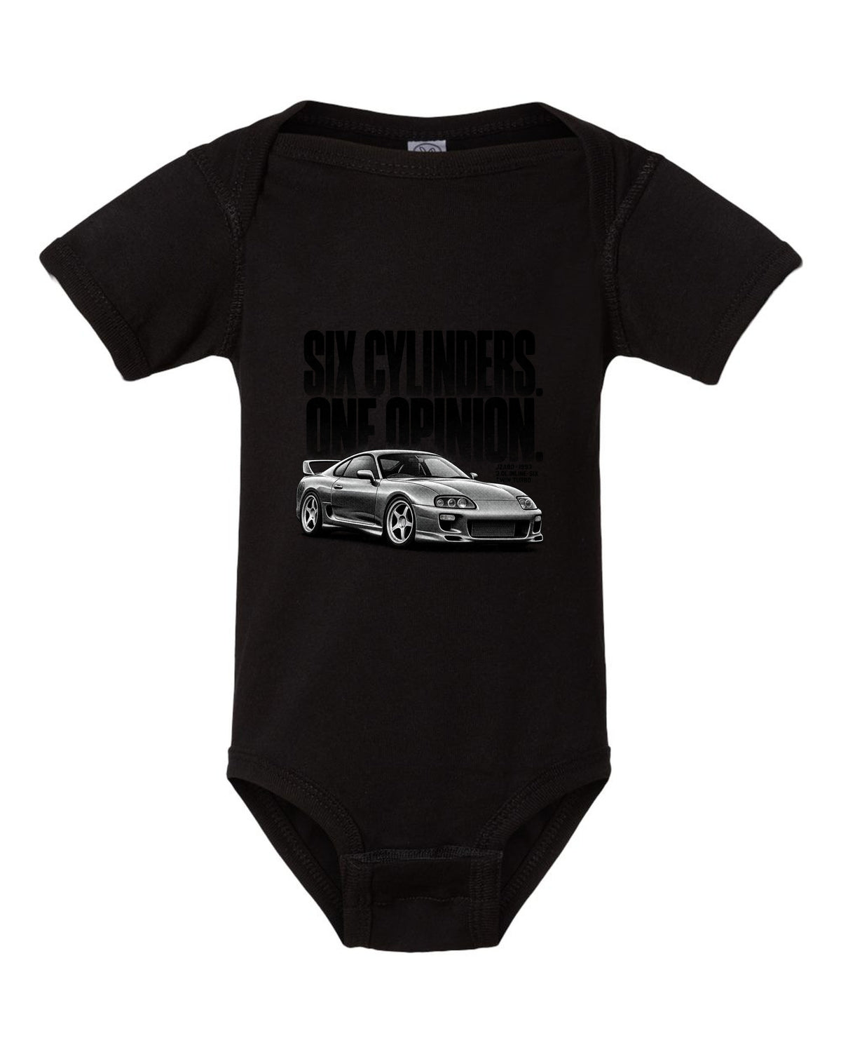 Halftone print of a Toyota Supra A80 JZA80 profile with the text Six Cylinders One Opinion black baby onesie front view with the design