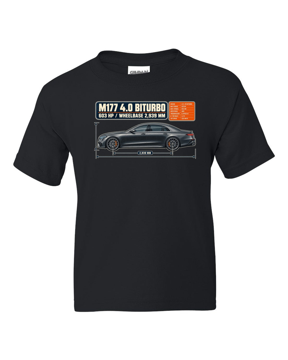Dimension blueprint print of a graphite grey Mercedes-AMG E63 S W213 sedan black kids tee front view with the design