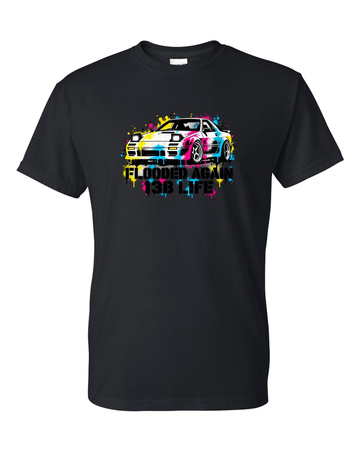 Stencil spray street art print for the Mazda RX-7 FC3S with flooded again 13B life lettering black t-shirt front view with the design