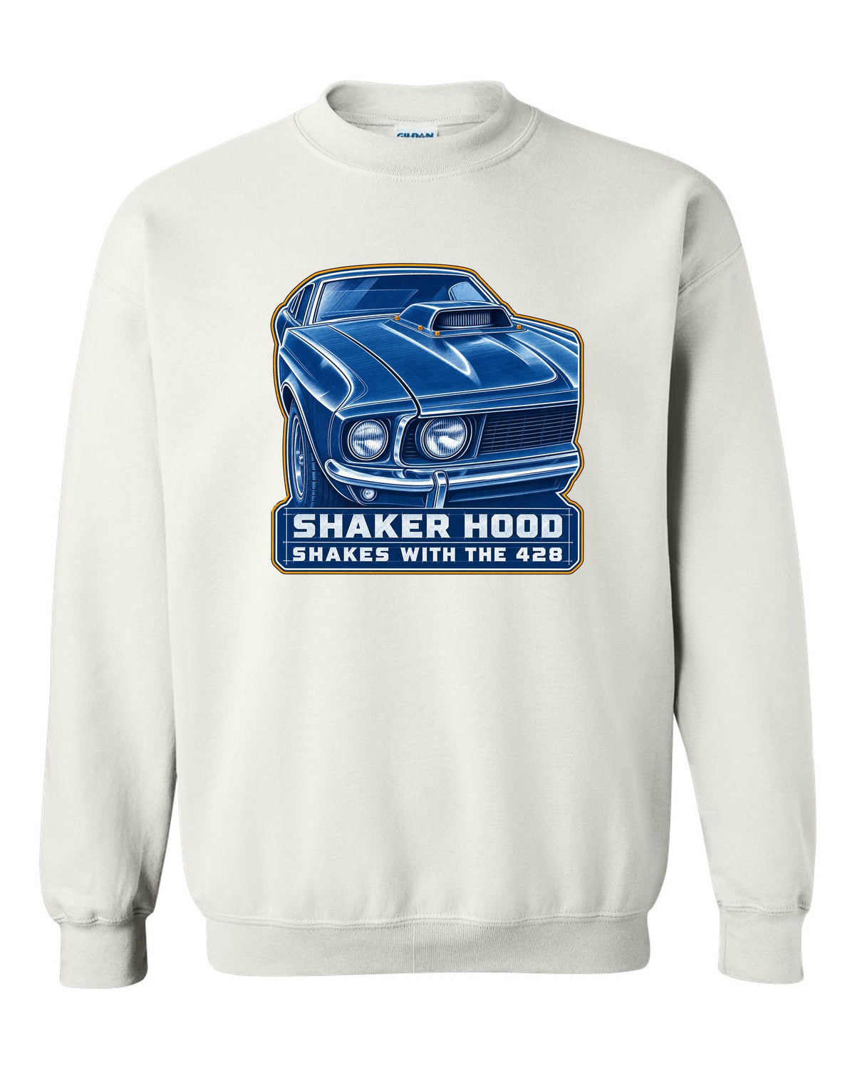 Cyanotype blueprint print of a 1969 Ford Mustang fastback shaker hood white crewneck front view with the design