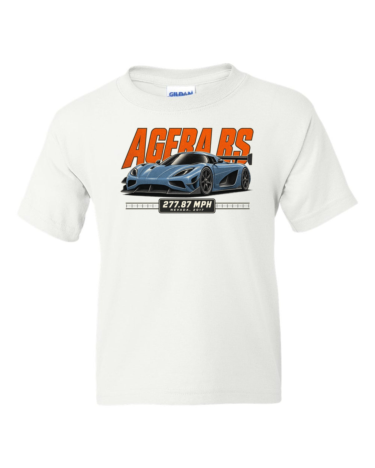 Halftone print of the Koenigsegg Agera RS with the text 277.87 mph, Nevada, 2017 white kids tee front view with the design