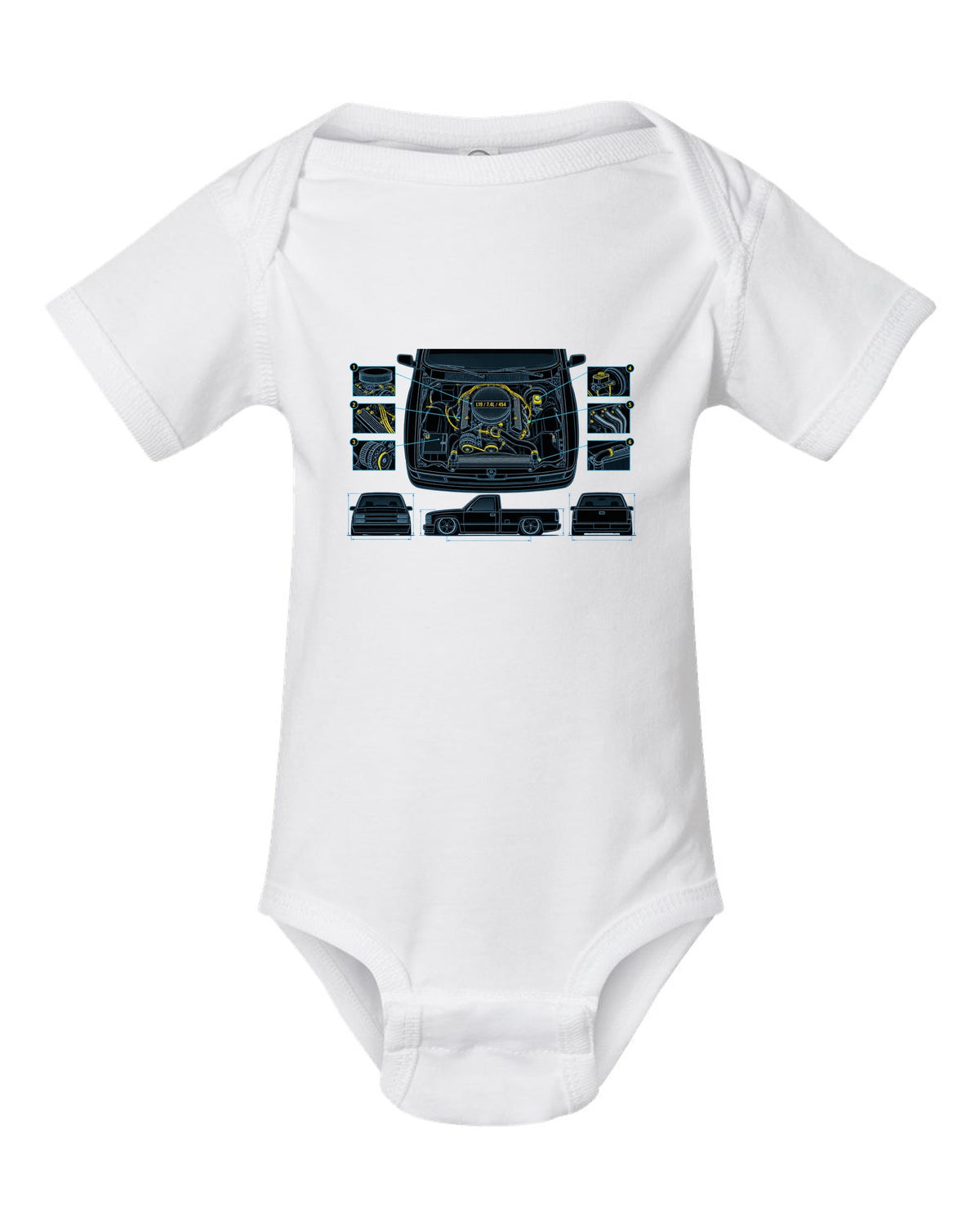 Technical blueprint print of the engine bay on a 1990-93 Chevrolet 454 SS pickup with L19 7.4L 454 text white baby onesie front view with the design