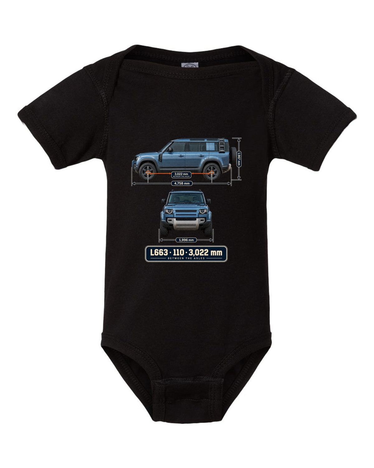 Dimension blueprint print of the Land Rover Defender 110 L663 with wheelbase black baby onesie front view with the design