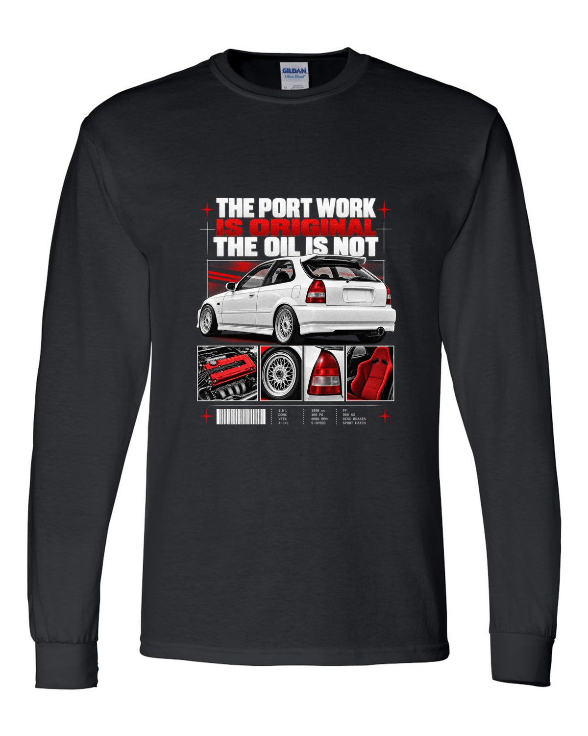 Dossier panel print of a 1998 Honda Civic EK9 chback with port work text black long sleeve front view with the design
